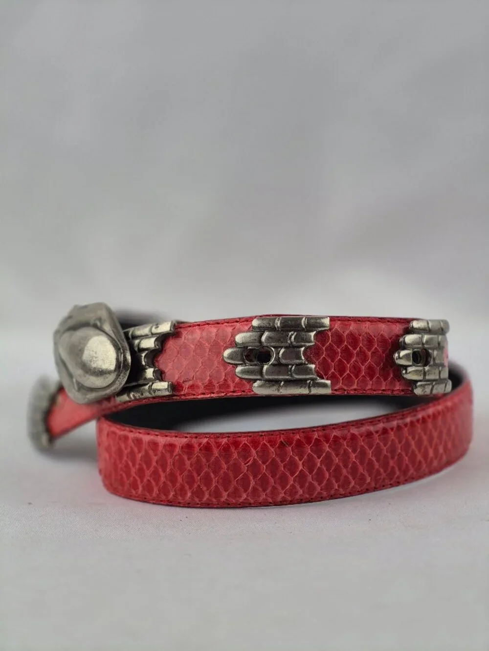 Vintage Morgan Taylor Red Snakeskin Belt Silver-Tone Metal Snake Head & Tail Med